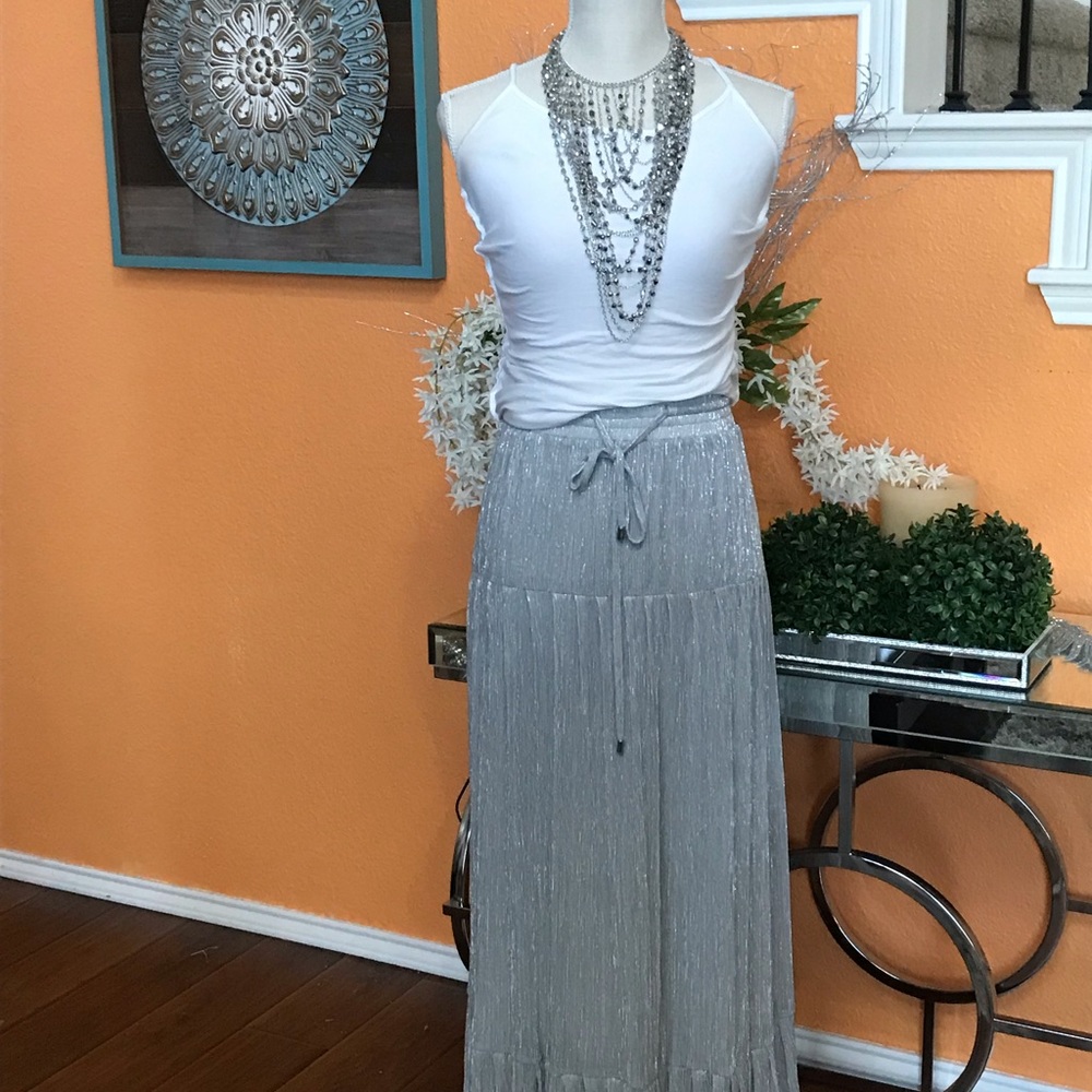 DKNY Metallic Silver Drawstring Maxi Skirt